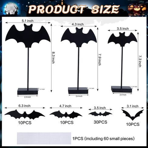 ديكور طاولة وجدار الهالوين، 3 قطع من ملصقات تزيين الخفافيش الخشبية و60 قطعة من ملصقات تزيين الخفافيش ثلاثية الأبعاد لعيد الهالوين لديكور المنزل في حفلة الهالوين (خفافيش ريفية) in Kuwait