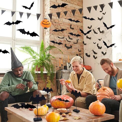 ديكور طاولة وجدار الهالوين، 3 قطع من ملصقات تزيين الخفافيش الخشبية و60 قطعة من ملصقات تزيين الخفافيش ثلاثية الأبعاد لعيد الهالوين لديكور المنزل في حفلة الهالوين (خفافيش ريفية) in Kuwait