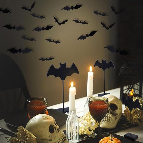 ديكور طاولة وجدار الهالوين، 3 قطع من ملصقات تزيين الخفافيش الخشبية و60 قطعة من ملصقات تزيين الخفافيش ثلاثية الأبعاد لعيد الهالوين لديكور المنزل في حفلة الهالوين (خفافيش ريفية) in Kuwait