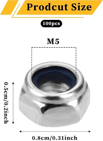 M5x0.8mm Nylon Insert Hex Lock Nuts, 100 PCS Hardware Nuts Locknuts 304 Stainless Steel Nuts Fasteners Self-Locking Nylon Lock Nuts for Secure Locking and Industrial Construction (Silver White) in Saudi Arabia