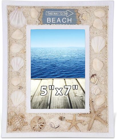 CoTa Global Oceanic Sea Turtle Photo Box Frame 5X7 Frame - White Wood Seashell Photo Frame for Summer Vacation Memory, Handmade Tropical Sand Nautical Picture Frame For Tabletop or Wall Hang - 11 Inch in Saudi Arabia