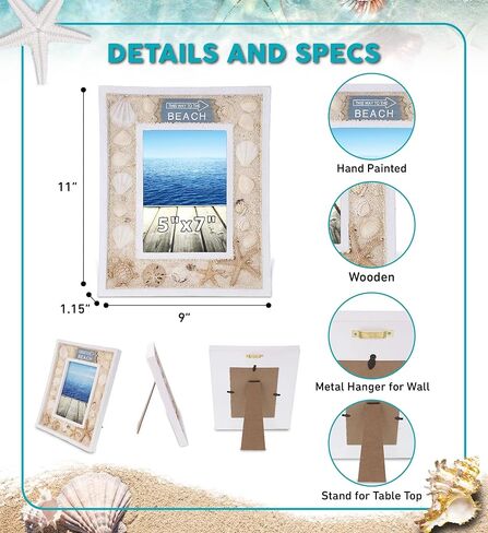 CoTa Global Oceanic Sea Turtle Photo Box Frame 5X7 Frame - White Wood Seashell Photo Frame for Summer Vacation Memory, Handmade Tropical Sand Nautical Picture Frame For Tabletop or Wall Hang - 11 Inch in Saudi Arabia