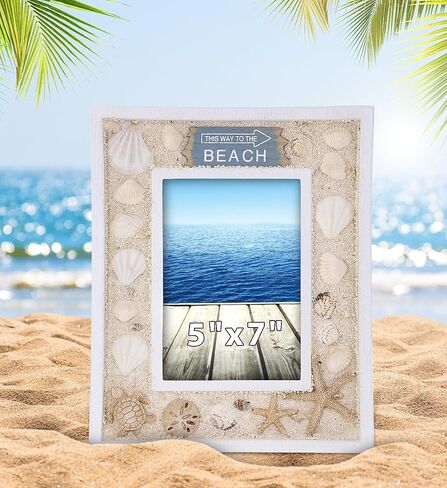 CoTa Global Oceanic Sea Turtle Photo Box Frame 5X7 Frame - White Wood Seashell Photo Frame for Summer Vacation Memory, Handmade Tropical Sand Nautical Picture Frame For Tabletop or Wall Hang - 11 Inch in Saudi Arabia