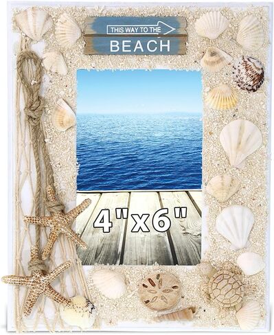 CoTa Global Oceanic Sea Turtle Photo Box Frame 5X7 Frame - White Wood Seashell Photo Frame for Summer Vacation Memory, Handmade Tropical Sand Nautical Picture Frame For Tabletop or Wall Hang - 11 Inch in Saudi Arabia