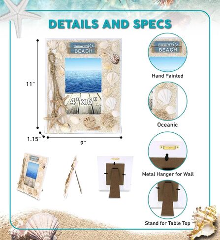 CoTa Global Oceanic Sea Turtle Photo Box Frame 5X7 Frame - White Wood Seashell Photo Frame for Summer Vacation Memory, Handmade Tropical Sand Nautical Picture Frame For Tabletop or Wall Hang - 11 Inch in Saudi Arabia