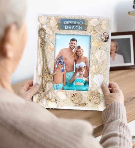 CoTa Global Oceanic Sea Turtle Photo Box Frame 5X7 Frame - White Wood Seashell Photo Frame for Summer Vacation Memory, Handmade Tropical Sand Nautical Picture Frame For Tabletop or Wall Hang - 11 Inch in Saudi Arabia