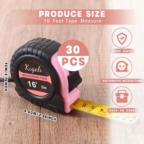 Kigeli 30 Pcs Tape Measure Bulk Pink 16 Feet Retractable Measuring Tape Self Locking Tape Measure for Women Easy Read Measurement Tape with Fractions 1/8 Measurement for Engineer Crafter in Saudi Arabia