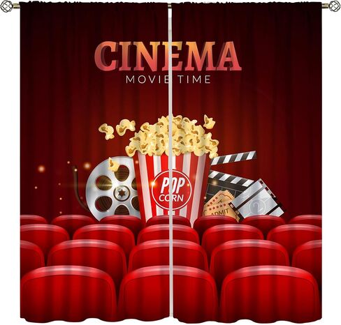 Movie Theater Theme Blackout Curtains Movie Theater Scene Popcorn Drink Printed Curtains Decorative Bedroom Living Room Heat Insulation Blackout Curtains 52x84in in Saudi Arabia