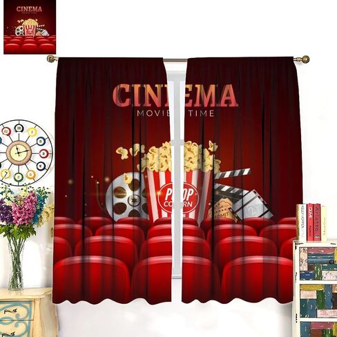 Movie Theater Theme Blackout Curtains Movie Theater Scene Popcorn Drink Printed Curtains Decorative Bedroom Living Room Heat Insulation Blackout Curtains 52x84in in Saudi Arabia
