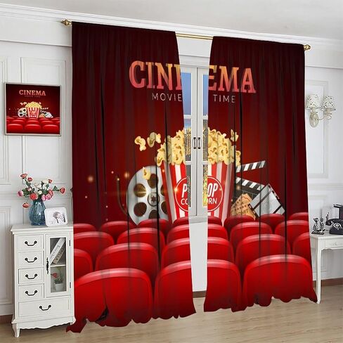 Movie Theater Theme Blackout Curtains Movie Theater Scene Popcorn Drink Printed Curtains Decorative Bedroom Living Room Heat Insulation Blackout Curtains 52x84in in Saudi Arabia
