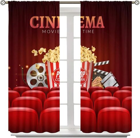 Movie Theater Theme Blackout Curtains Movie Theater Scene Popcorn Drink Printed Curtains Decorative Bedroom Living Room Heat Insulation Blackout Curtains 52x84in in Saudi Arabia