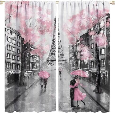 JESTRONRY City Landscape Bedroom Curtains,Paris Oil Painting Eiffel Tower Pink Girls Valentine's Day Theme Rod Pocket Window Drapes 2 Panel Set for Living Room Bedroom Kitchen Cafe W42xL54in in Kuwait