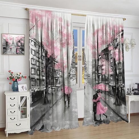 JESTRONRY City Landscape Bedroom Curtains,Paris Oil Painting Eiffel Tower Pink Girls Valentine's Day Theme Rod Pocket Window Drapes 2 Panel Set for Living Room Bedroom Kitchen Cafe W42xL54in in Kuwait