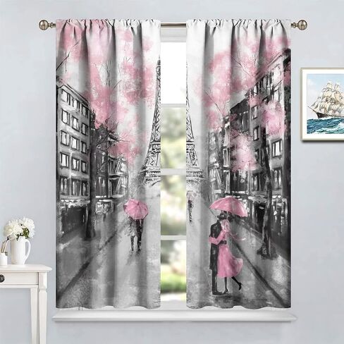 JESTRONRY City Landscape Bedroom Curtains,Paris Oil Painting Eiffel Tower Pink Girls Valentine's Day Theme Rod Pocket Window Drapes 2 Panel Set for Living Room Bedroom Kitchen Cafe W42xL54in in Kuwait