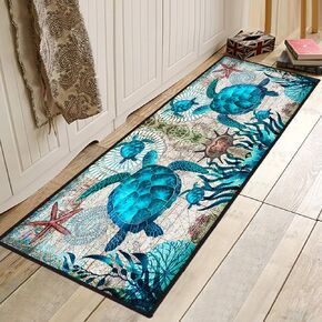 Coastal Runner Rug for Hallway 2x6 Sea Turtle Hallway Rugs Nautical Throw Rug Blue Turtles Beach Ocean Life Teal Marine Animal Area Rug Non-Slip Floor Carpet for Bedroom Entryway Door Mat Washable Rug