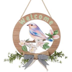 FWIEXA Spring Welcome Wooden Sign, Hello Spring Cute Welcome Door Hanger with Bird Flower, Vintage Welcome Spring Wreaths for Front Door Home Decor