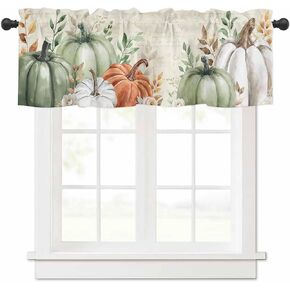 Fall Burnt Orange Pumpkins Valances for Windows, Thanksgiving Rustic Yellow Red Rod Pocket Short Valance Curtains Maple Leaves Retro Linen Window Treatment for Kitchen Living Room Bathroom, 42"x12"