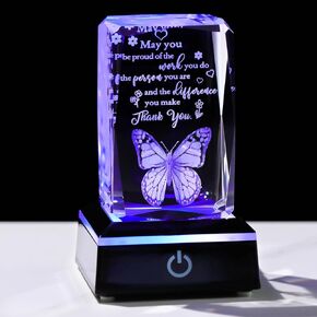 Movdyka 3D Crystal Thank You Butterfly Gifts for Women Men Glass Plaque with Colorful Led Base, Best Teacher Appreciation Inspirational Gifts for Coworkers Nurse Doctor Boss Principal Office Decor