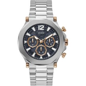 GUESS Mens 46mm Watch - Silver Tone Bracelet Blue Dial Silver Tone Case