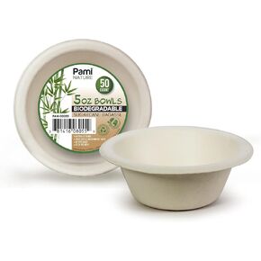 PAMI Biodegradable Sugarcane Bowls, Pack of 50 - 6oz Compostable Microwavable Paper Bowls for Hot & Cold Uses