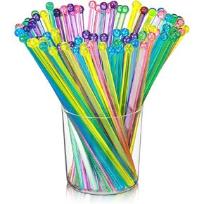 100 Pieces Disposable Plastic Round Top Crystal Swizzle Sticks (MultiColor)