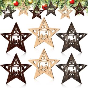 12 Pcs Christmas Nativity Scene Ornaments Christmas Wooden Hanging Ornament House Star Shaped Nativity Scene Keepsake Religious Gifts Nativity Scene Cutout for Christian Xmas Tree Decoration