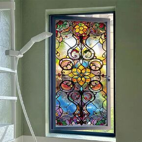 Stained Glass Window Film,Window Privacy Film Privacy Decorative Tinting Film for Home Frosted Bathroom Window Coverings Static Cling Non-Adhesive 17.5" x 39.5" (BH152)