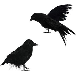 2 Pcs Halloween Realistic Crows Black Feathered Flying Standing Crows Artificial Fake Birds Ravens for Christmas Outdoor Indoor Party Props Supplies Decorations Handmade Life-Like Lifesize Crow Model