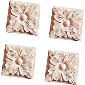 4PCS Wood Appliques Onlays Checkered Wood Carved Applique Decal for Cabinet Bed Fireplace Door Wardrobe Furniture Decoration(02,10x10cm/3.94x3.94inch)