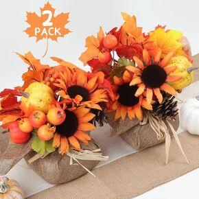 FestalMart Fall Decor - Fall Decorations for Home-2PCS Artificial Pumpkin Sunflower and Maple Leaf Berry Pine Cone Bouquet for Thanksgiving Harvest Autumn Tabletop Home Kitchen Decor