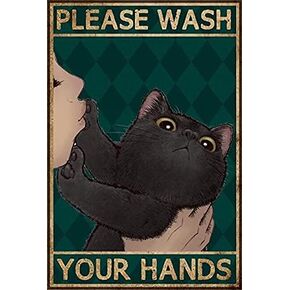 Funny Black Cat Bathroom Metal Sign Please Wash Your Hands Vintage Funny Aluminum Wall Art Office Home Classroom Bathroom Wall Decor 8x12 Inch