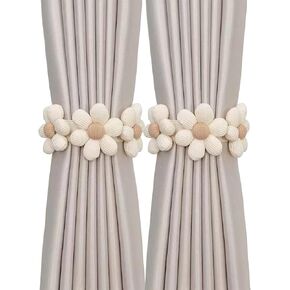 2 Pcs Flower Curtain Tiebacks Simplicity Curtain Ties with Buttons,Cute Flower Curtain Ties,Decorative Curtain Tie Backs for Curtains Bedroom Window (Beige White)
