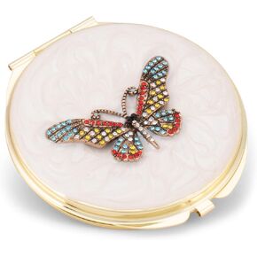 Cottage Garden Hand Painted Golden Metal Enamel Ornamental Vintage Hinged Lid Personal 3 Inch Makeup Beauty Double Sided Compact Travel Mirror with Bejeweled Crystals, Wise Owl