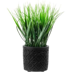 MyGift Artificial Green Grass Plant in Modern Black Concrete Pot with Geometric Embossed Pattern, Tabletop Faux Greenery Decorative Round Cement Planter Home Decor