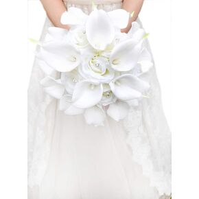 YIFUwedding Bridal Wedding Rose Calla Lily Bouquet Party Decoration Artificial Flowers Bridal Bouquet 9 inch Wedding Bouquet (White)