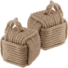 2 PCS Square Rope Knot Door Stops, 5.5 x 5.5 Inch Jute Door Stoppers with Handle, Nautical Knot Door Stopper for Doors and Windows, 5.3lbs