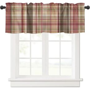 Valances for Windows Fall Sage Green Grey Red Check Plaid Kitchen Curtains Valances Rod Pocket Small Window Treatments Valance Curtains for Living Room Bedroom Bathroom, 42x12 Inch