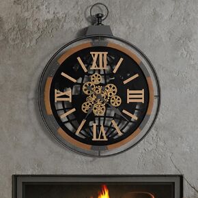 Driini Large Rustic Farmhouse Gear Clock with Moving Gears – Vintage Oversized Wall Clock with Iron Frame – Giant Industrial Steampunk Wall Clock for Living Room Décor (Oak, 24 Inch)