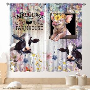 Farmhouse Kitchen Curtains, Rustic Farm Animals Rooster Chicken Pig Cow Sunflower Patterned Rural Country Style Small Short Window Curtains for Cafe Bedroom Living Room 2 Panels, 55x39 Inch