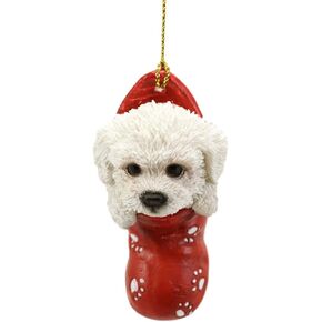Ebros Gift Lifelike White Bichon Frise Puppy Dog in The Sock Small Hanging Ornament Figurine with Glass Eyes Adorable Pet Animal Holiday Festive Season Decor for Christmas Trees Collectible