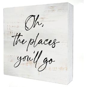Oh the Places You'll Go Wood Box Sign Home Decor Rustic Nursery Quote Wooden Box Sign Block Plaque for Wall Tabletop Desk Home Nursery Decoration 5" x 5"