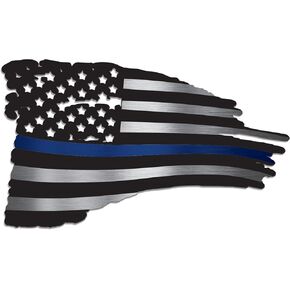 Rogue River Tactical Thin Blue Line USA Tattered Waving Flag Metal Die Cut Tin Sign Wall Decor Man Cave Bar Police Officer PD Gift Idea