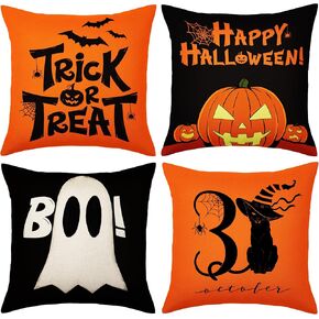 JUSTOTRY 4pc Halloween Decoration Pillow Covers 18x18 for Halloween Indoor Outdoor Decor Boo Vintage Couch Throw Pillows Cases for Sofa Bedroom Home Kitchen Decorative