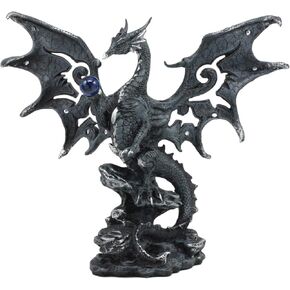 Ebros Draco Fantasy Gothic Dragon with Blue Orb Statue 8" Tall Land of The Dragons Home Decor Dragon Beast Sculpture