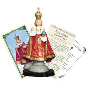 5 inch Infant of Prague Statue - Infant Jesus of Prague Prayer Card, The Lord's Prayer Card - Infant Jesus of Prague Statue for Home Decor, Altar - Infant Child of Prague Statue, Cards Set - 3 Items