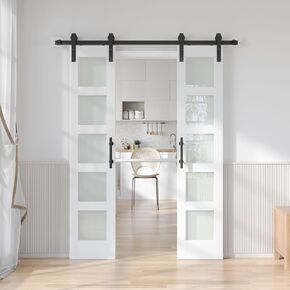 FREDBECK Double 21 x 84 inch Glass Barn Door 42inch with 7FT Sliding Barn Door Hardware Kit & Handle Included,5-Panel Frosted Glass,Water-Proof Surface,Pre-Drilled Holes,Need Assembly