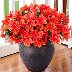 Artificial Faux Plants Flowers for Outdoors, 3 Bundles Fake Silk Azalea Bouquet Fall Flower Indoor Decoration UV Resistant Realistic Fake Flowers for Outside Planter Patio Garden Walkways Home, Orange