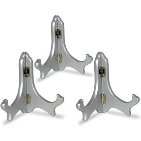 BANBERRY DESIGNS Silver Display Stands - Set of 3 Metallic Silver 5" Wood Easels - Plate Stand Holder - Silver Wedding Decorations - Place Card Holders