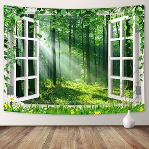 Coveimes Sunshine Forest Tapestry Wall Hanging, Nature Green Forest Trees Spring Woodland Grasses Window Scenery Tapestries, Virgin Forest Wall Tapestry Decor for Living Room Bedroom for Men Boys
