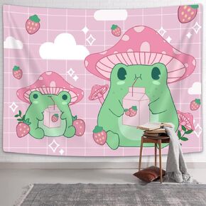 Bzhilja Frog Mushroom Strawberry Tapestry, pink cute room decor Aesthetic Wall Hanging Bedding Aesthetic Tapestry, Room Decor for Girls Bedroom Funny Living Room Home Decor (60ʺ x 40ʺ, Pink)